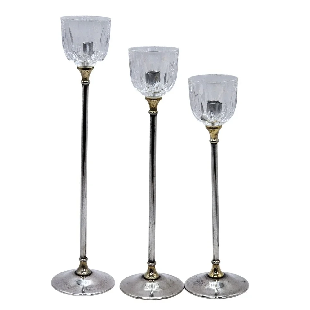 Landes Argente Silver Plate Italian Crystal Candlesticks Set of‎ 3 Vintage